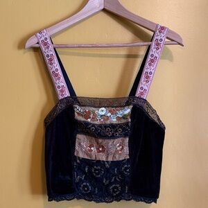 Free People Embroidered Velvet Crop Tank Top - Black